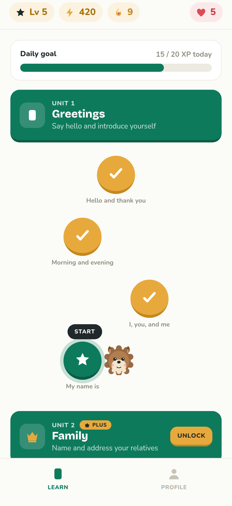 The Lannang learning path with units and lessons