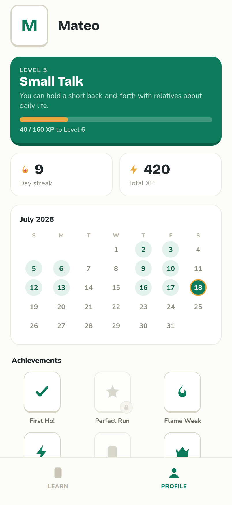 The Lannang profile with proficiency level, streak, and achievements